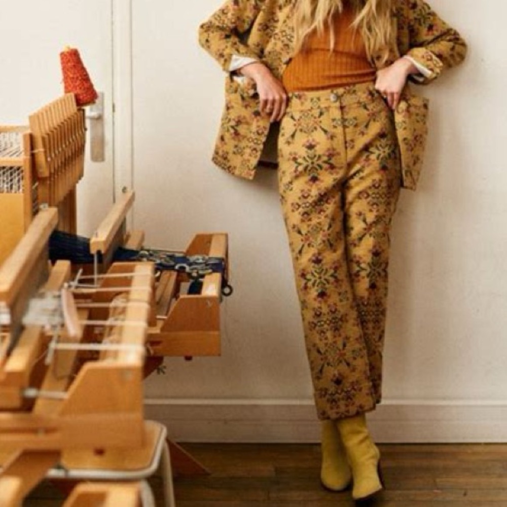 Sezane NWT Rare Floral Damon Ankle Trousers in Jacquard Sun (Yellow); Size 6. - Picture 5 of 8